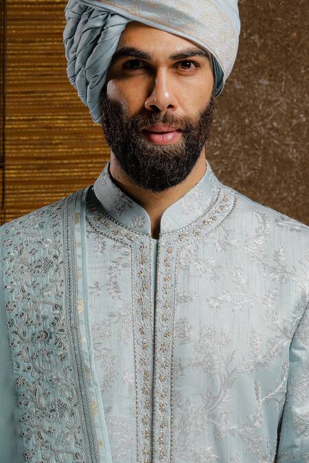 Punit Arora_Blue Silk Thread Floral Embroidered Sherwani Set _at_Aza_Fashions