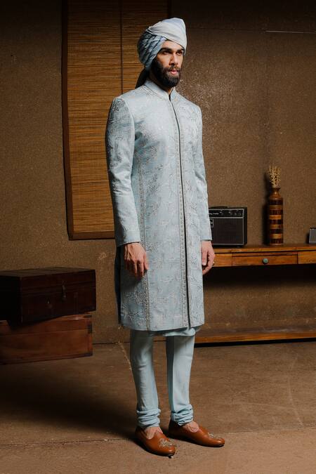 Punit Arora_Blue Silk Thread Floral Embroidered Sherwani Set _Online_at_Aza_Fashions