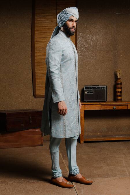 Shop_Punit Arora_Blue Silk Thread Floral Embroidered Sherwani Set _Online_at_Aza_Fashions