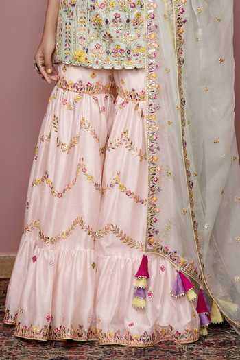 Buy Tamanna Punjabi Kapoor Green Chanderi, Organza Lining Cotton V Neck Kurta Gharara Set Online at Aza Fashions Buy_Tamanna Punjabi Kapoor_Green Chanderi, Organza Lining Cotton V Neck Kurta Gharara Set _Online_at_Aza_Fashions