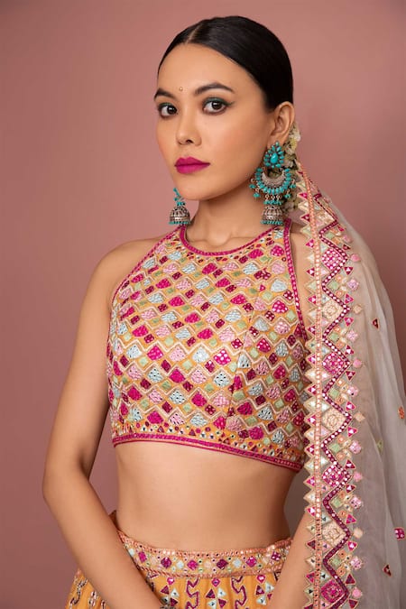 Tamanna Punjabi Kapoor_Orange Chanderi, Organza Lining Crepe Halter Bridal Lehenga Set _Online_at_Aza_Fashions