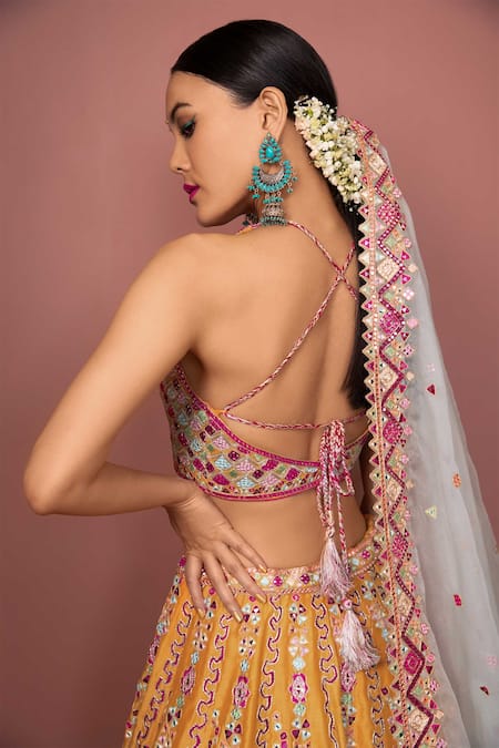 Buy_Tamanna Punjabi Kapoor_Orange Chanderi, Organza Lining Crepe Halter Bridal Lehenga Set _Online_at_Aza_Fashions