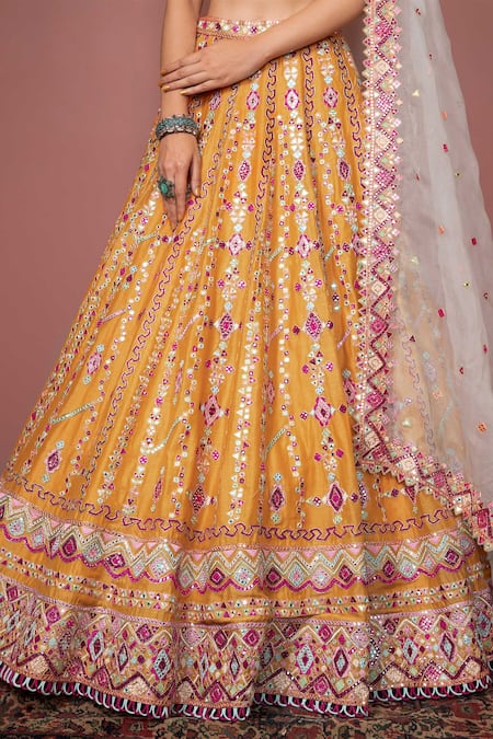 Shop_Tamanna Punjabi Kapoor_Orange Chanderi, Organza Lining Crepe Halter Bridal Lehenga Set _Online_at_Aza_Fashions
