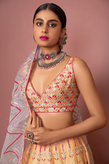 Tamanna Punjabi Kapoor_Orange Chanderi, Organza Lining Crepe V Neck Bridal Lehenga Set _Online_at_Aza_Fashions