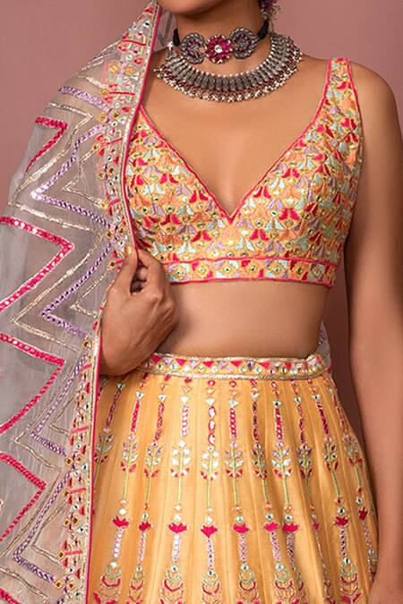 Buy_Tamanna Punjabi Kapoor_Orange Chanderi, Organza Lining Crepe V Neck Bridal Lehenga Set _Online_at_Aza_Fashions