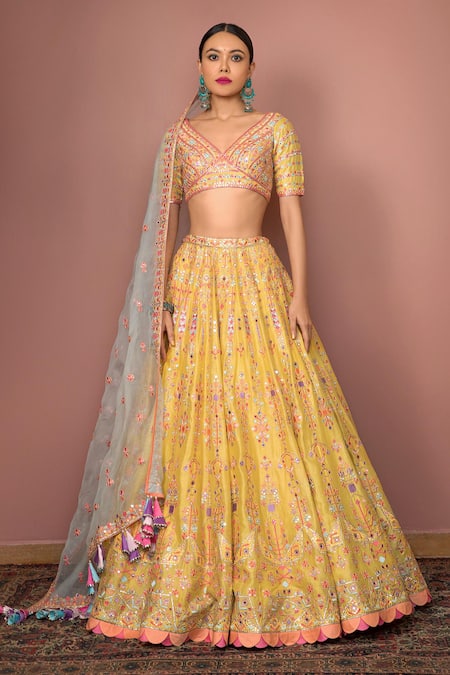 Best Price Faux Mirror Embroidered Yellow Lehenga LLCV09799