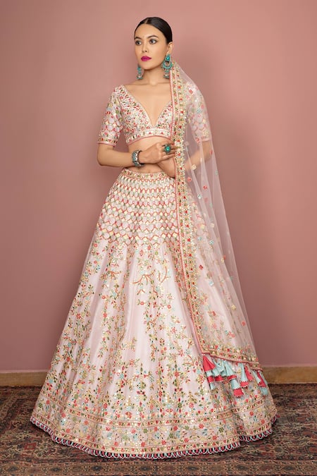 Multi-Colored Three-Dimensional Lehenga Set | Seema Gujral | Aza fashion,  Lehenga, Net lehenga