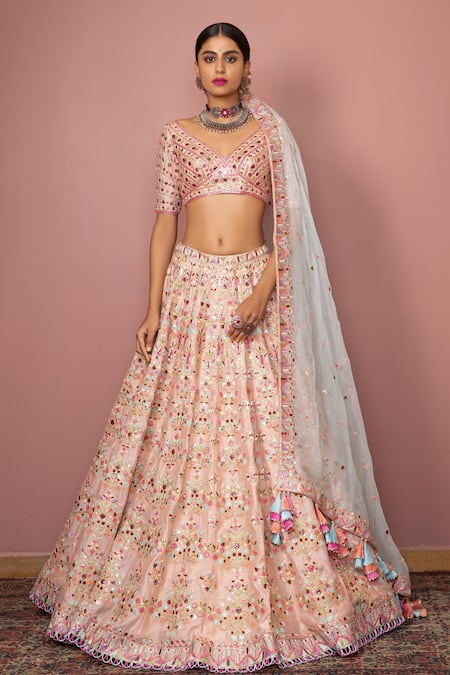Peach pink silk Indian wedding lehenga choli 808