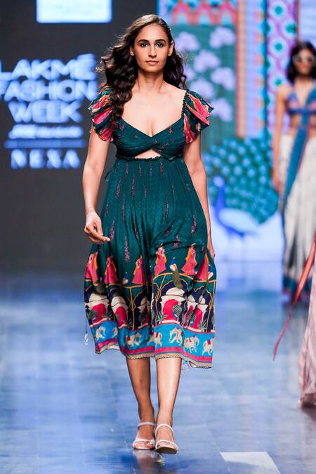 Shop_Limerick By Abirr N' Nanki_Green Crepe Floral, Peacock, Moroccan V Neck Neva Print Dress_Online_at_Aza_Fashions