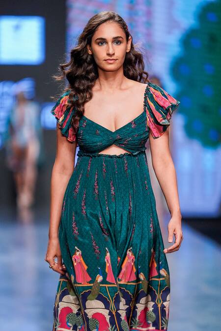 Limerick By Abirr N' Nanki_Green Crepe Floral, Peacock, Moroccan V Neck Neva Print Dress_at_Aza_Fashions