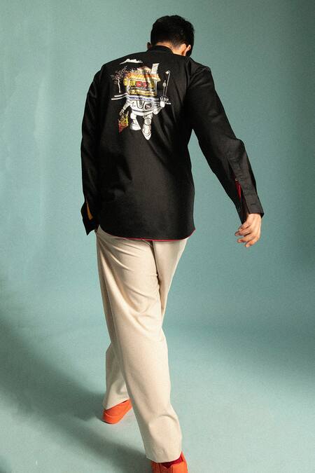 Sahil Aneja_Black Cotton Screen Print Ramen Bot Shirt_Online_at_Aza_Fashions