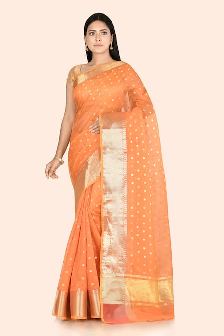 Nazaakat by Samara Singh Orange Banarasi Cotton Silk Polka Dot Saree