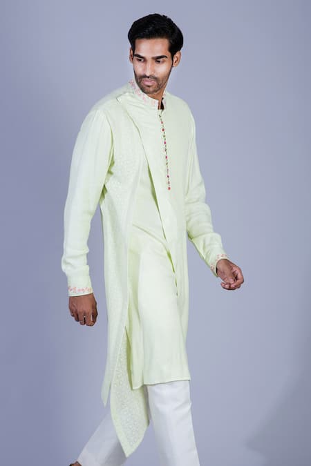 Sarab Khanijou Green Moss Crepe, Suiting Draped Kurta Set 