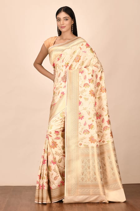 Nazaakat by Samara Singh Beige Banarasi Silk Minedar Floral And Paisley Motif Saree