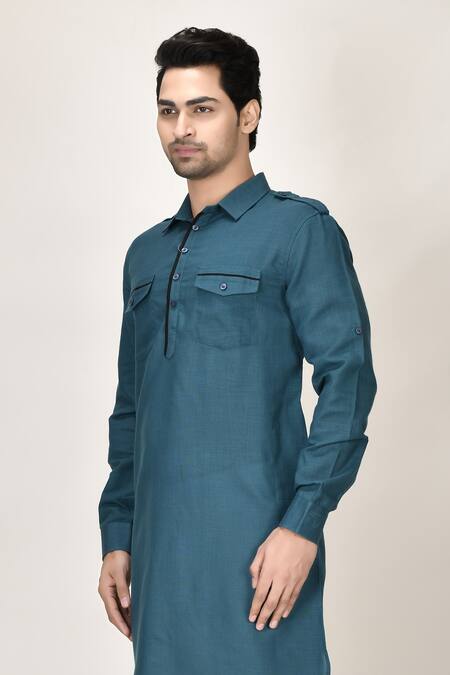Shop_Aryavir Malhotra_Green Cotton Viscose Pathani Short Kurta_Online_at_Aza_Fashions