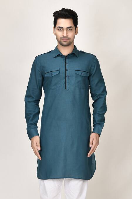 Aryavir Malhotra_Green Cotton Viscose Pathani Short Kurta_at_Aza_Fashions