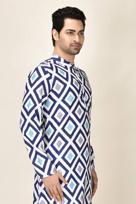 Aryavir Malhotra_Blue Rayon Geometric Print Kurta_Online_at_Aza_Fashions