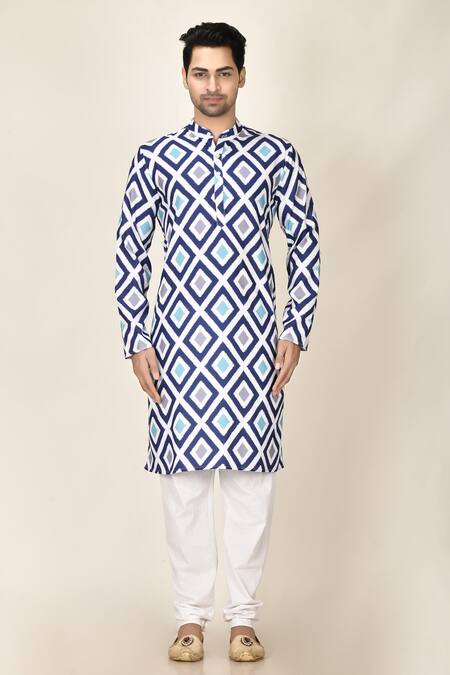 Buy_Aryavir Malhotra_Blue Rayon Geometric Print Kurta_Online_at_Aza_Fashions