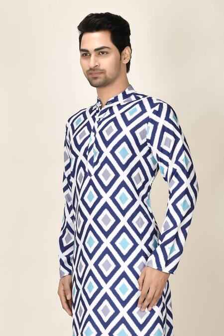 Shop_Aryavir Malhotra_Blue Rayon Geometric Print Kurta_Online_at_Aza_Fashions