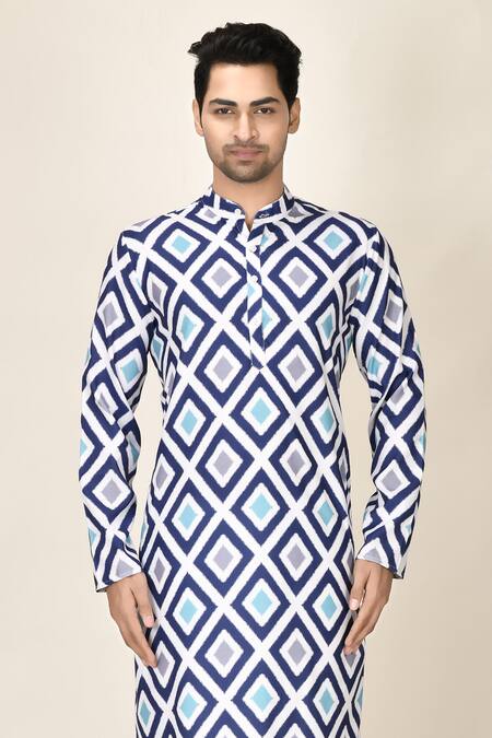 Aryavir Malhotra_Blue Rayon Geometric Print Kurta_at_Aza_Fashions