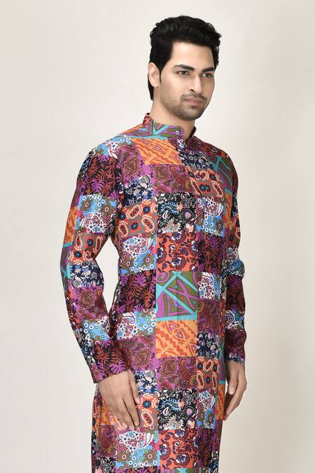 Aryavir Malhotra_Multi Color Rayon Printed Short Kurta _Online_at_Aza_Fashions