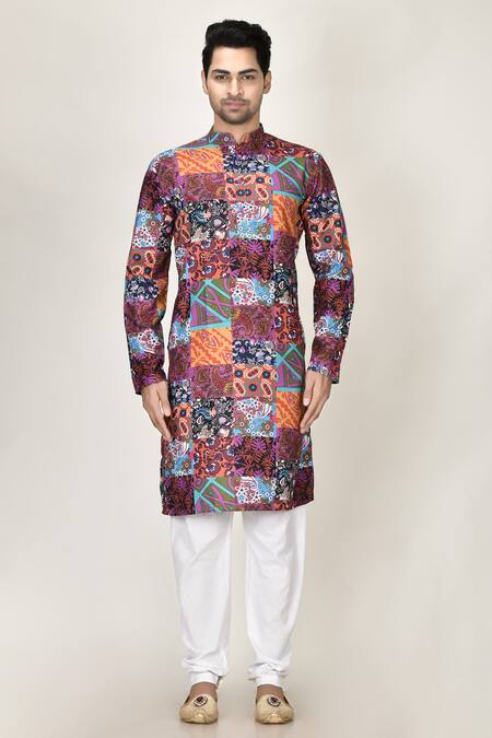 Buy_Aryavir Malhotra_Multi Color Rayon Printed Short Kurta _Online_at_Aza_Fashions