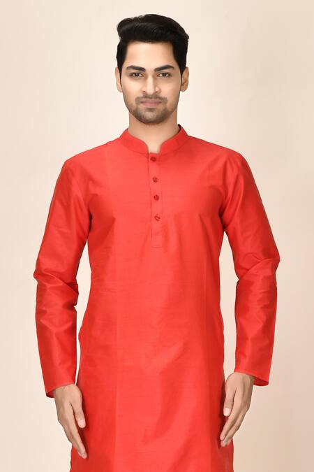 Aryavir Malhotra_Red Dupion Silk Straight Short Kurta_at_Aza_Fashions
