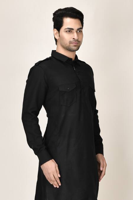 Aryavir Malhotra_Black Cotton Viscose Pathani Short Kurta_Online_at_Aza_Fashions