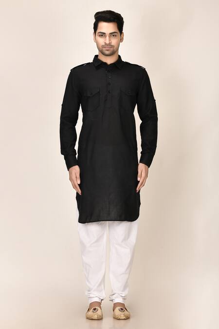 Buy_Aryavir Malhotra_Black Cotton Viscose Pathani Short Kurta_Online_at_Aza_Fashions