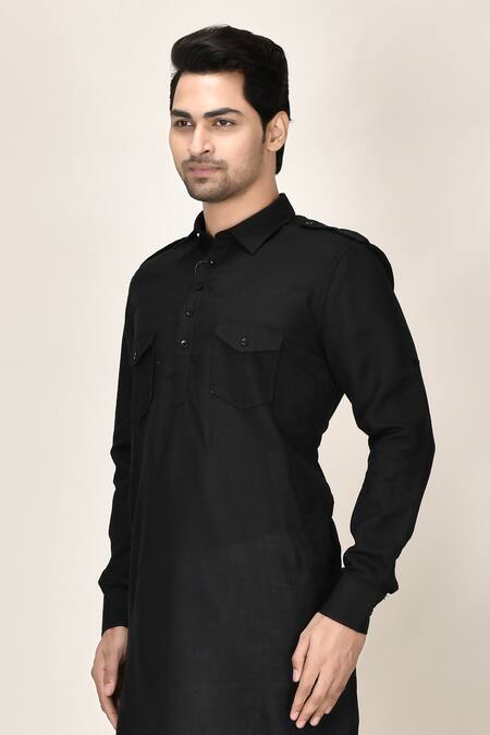 Shop_Aryavir Malhotra_Black Cotton Viscose Pathani Short Kurta_Online_at_Aza_Fashions