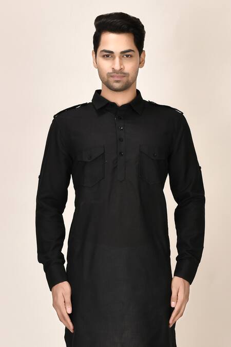 Aryavir Malhotra_Black Cotton Viscose Pathani Short Kurta_at_Aza_Fashions