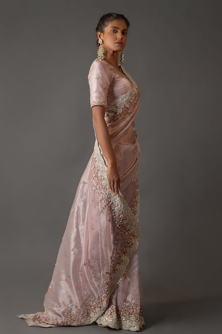 Shop Aangan By Parul Purple Organza Zardozi Work U Neck Embroidered Saree And Blouse Set at Aza Fashions Shop_Aangan By Parul_Purple Organza Zardozi Work U Neck Embroidered Saree And Blouse Set _at_Aza_Fashions