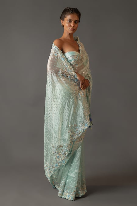 Shop Aangan By Parul Blue Organza Floral Sweetheart Neck Embroidered Saree And Blouse Set at Aza Fashions Shop_Aangan By Parul_Blue Organza Floral Sweetheart Neck Embroidered Saree And Blouse Set _at_Aza_Fashions