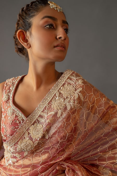 Aangan By Parul Red Organza Tissue Honey Comb Leaf Neck Embroidered Saree With Blouse Online at Aza Fashions Aangan By Parul_Red Organza Tissue Honey Comb Leaf Neck Embroidered Saree With Blouse _Online_at_Aza_Fashions