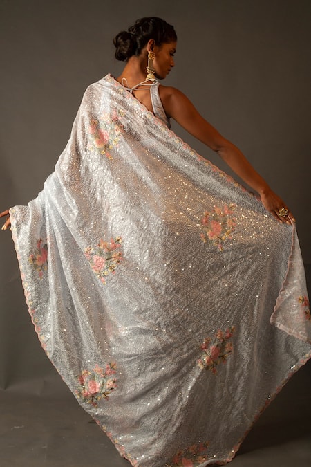 Shop_Aangan By Parul_Blue Organza Sequin And Shadow Work V Neck Embroidered Saree & Blouse Set _at_Aza_Fashions