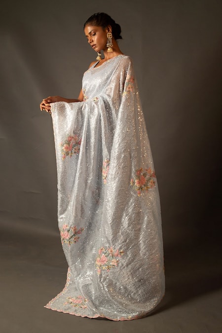 Aangan By Parul_Blue Organza Sequin And Shadow Work V Neck Embroidered Saree & Blouse Set _Online_at_Aza_Fashions