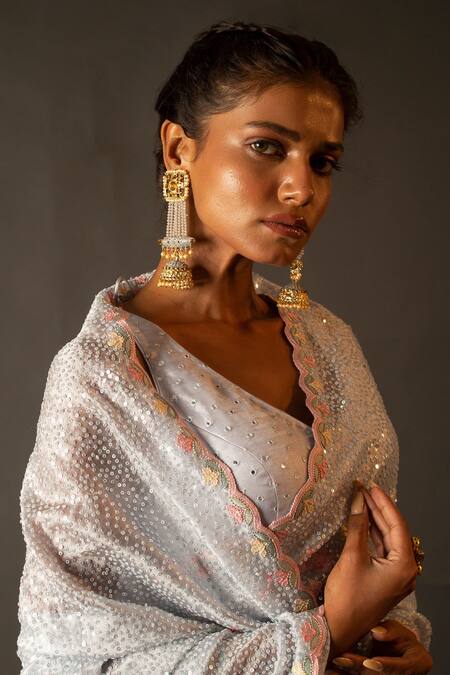 Buy_Aangan By Parul_Blue Organza Sequin And Shadow Work V Neck Embroidered Saree & Blouse Set _Online_at_Aza_Fashions