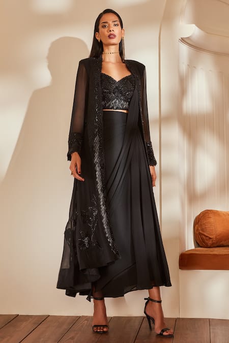 Nikita Mhaisalkar_Black Blouse Tulle, Jacket And Skirt Viscose Lehenga Saree With Embellished _Online_at_Aza_Fashions