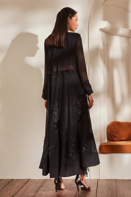 Shop_Nikita Mhaisalkar_Black Blouse Tulle, Jacket And Skirt Viscose Lehenga Saree With Embellished _at_Aza_Fashions