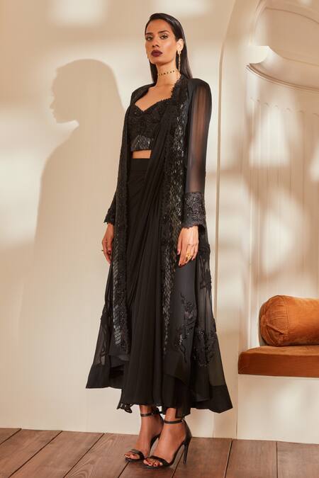 Shop_Nikita Mhaisalkar_Black Blouse Tulle, Jacket And Skirt Viscose Lehenga Saree With Embellished _Online_at_Aza_Fashions