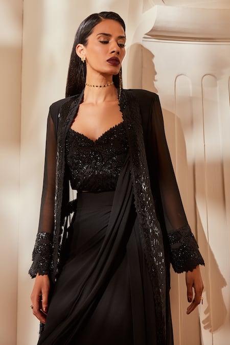 Nikita Mhaisalkar_Black Blouse Tulle, Jacket And Skirt Viscose Lehenga Saree With Embellished _at_Aza_Fashions