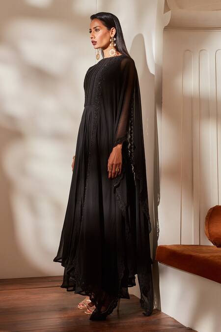 Nikita Mhaisalkar_Black Anarkali Viscose Georgette, Churidar Lycra, Asymmetric Embroidered Set_Online_at_Aza_Fashions