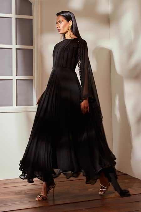 Buy_Nikita Mhaisalkar_Black Anarkali Viscose Georgette, Churidar Lycra, Asymmetric Embroidered Set_Online_at_Aza_Fashions