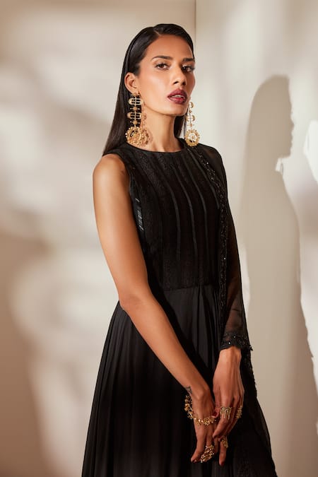 Shop_Nikita Mhaisalkar_Black Anarkali Viscose Georgette, Churidar Lycra, Asymmetric Embroidered Set_Online_at_Aza_Fashions