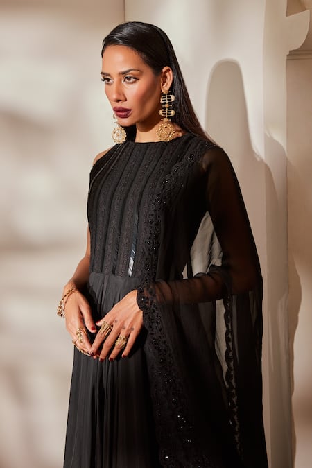 Nikita Mhaisalkar_Black Anarkali Viscose Georgette, Churidar Lycra, Asymmetric Embroidered Set_at_Aza_Fashions