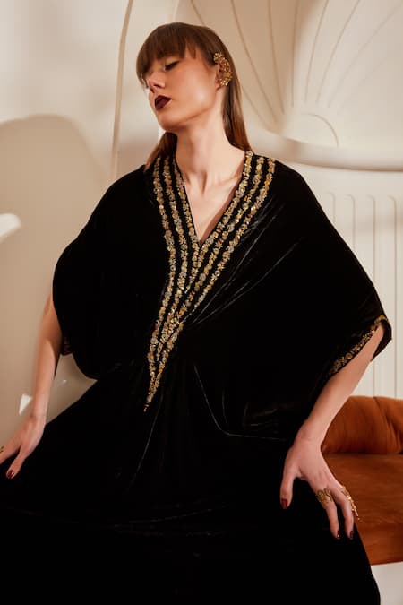 Buy Nikita Mhaisalkar Black Inner Net Lycra, Kaftan Micro Velvet Baroque Work V Neck Embroidered Online at Aza Fashions Buy_Nikita Mhaisalkar_Black Inner Net Lycra, Kaftan Micro Velvet Baroque Work V Neck Embroidered_Online_at_Aza_Fashions
