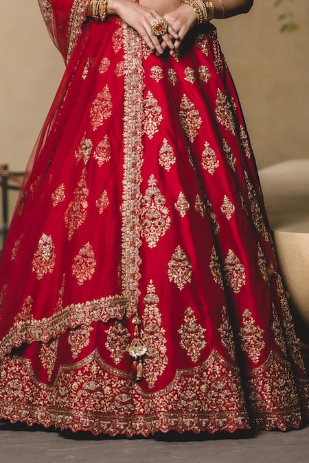 Nitika Gujral_Red Lehenga And Blouse Raw Silk Dupatta Tulle Leaf Neck Embroidered Bridal Set _at_Aza_Fashions