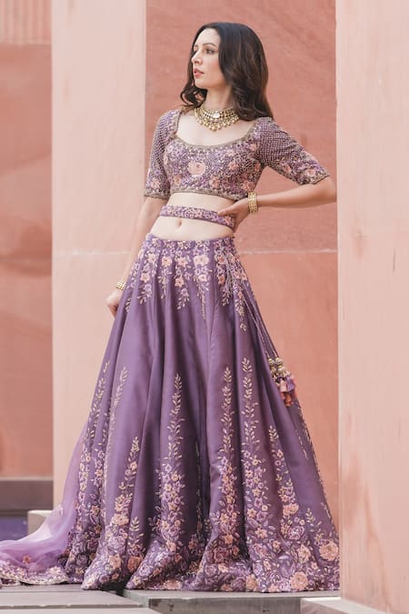 Purple Colour Embroidered Choli With Silk Lehenga And Blue Organza Dupatta