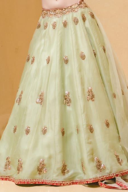 Shop_Nitika Gujral_Green Lehenga And Dupatta Organza Blouse Banarasi Round Embroidered Bridal Set _Online_at_Aza_Fashions