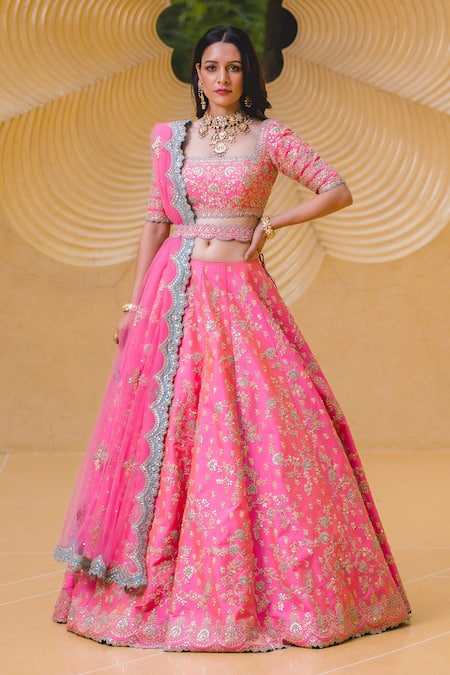Mint Green and Pink Banarasi Silk Bridal Lehenga Choli Online India UK –  Sunasa
